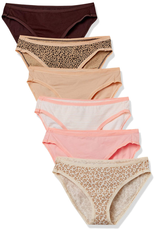 Amazon Essentials Women's Cotton Bikini Brief Underwear (Available in Plus Size), Pack of 6, Animal Print/Leopard/Multicolor/Stripe, Large