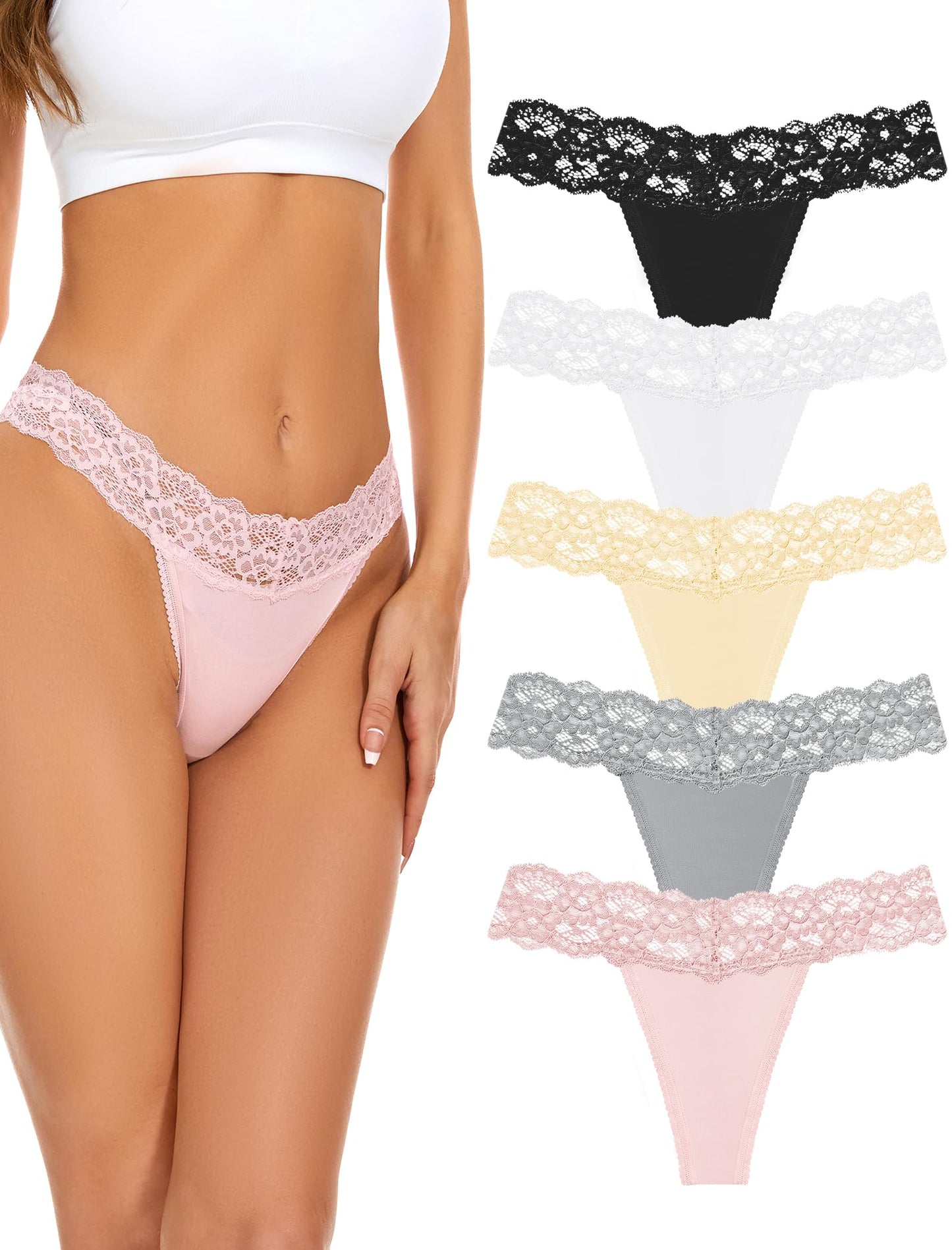 voenxe Seamless Lace Thongs for Women No Show Thong Underwear,Lady Breathable Comfort Panty Soft Laser Cut Undie,Tanga,5-Pack Basic