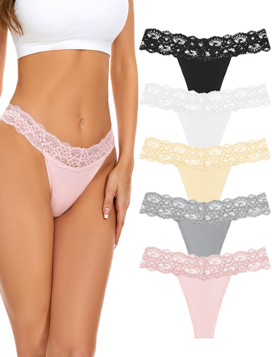 voenxe Seamless Lace Thongs for Women No Show Thong Underwear,Lady Breathable Comfort Panty Soft Laser Cut Undie,Tanga,5-Pack Basic