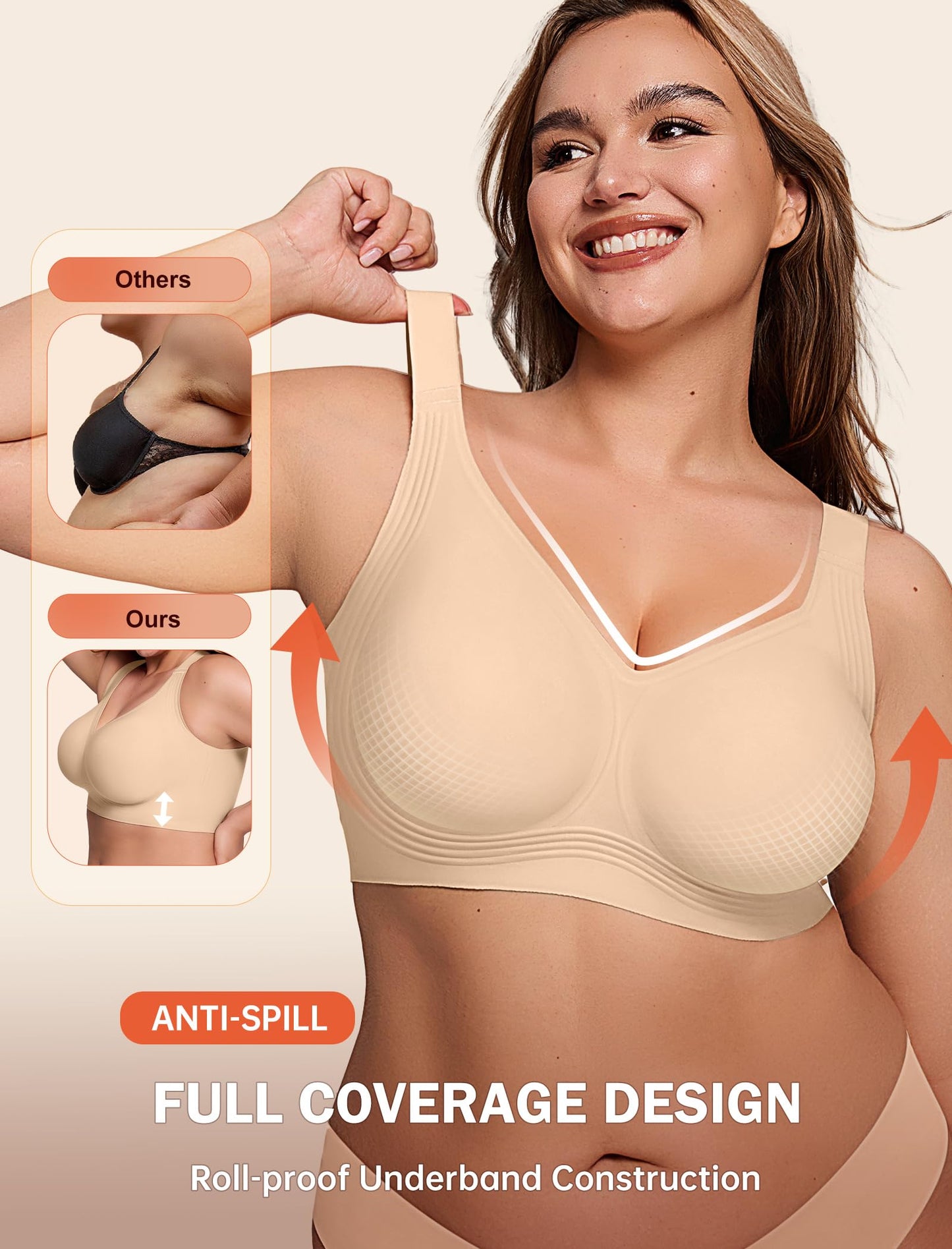 LetsJoli Bras for Women Supportive Wireless Push Up Bra Full Coverage No Underwear Seamless Plus Size for Older Women（Nude,L