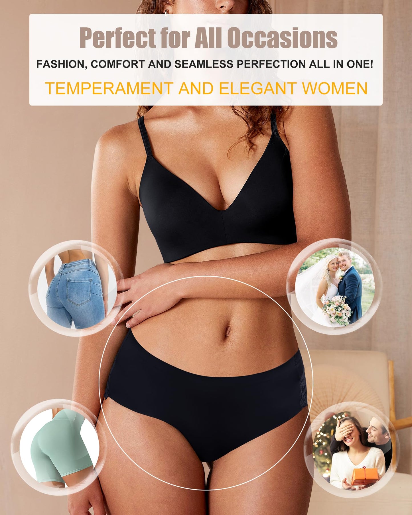 LEVAO Black Cheeky Underwear for Women Lace Seamless Bikini Panties Ladies Soft No Show Hipster 6 Pack S-XXL