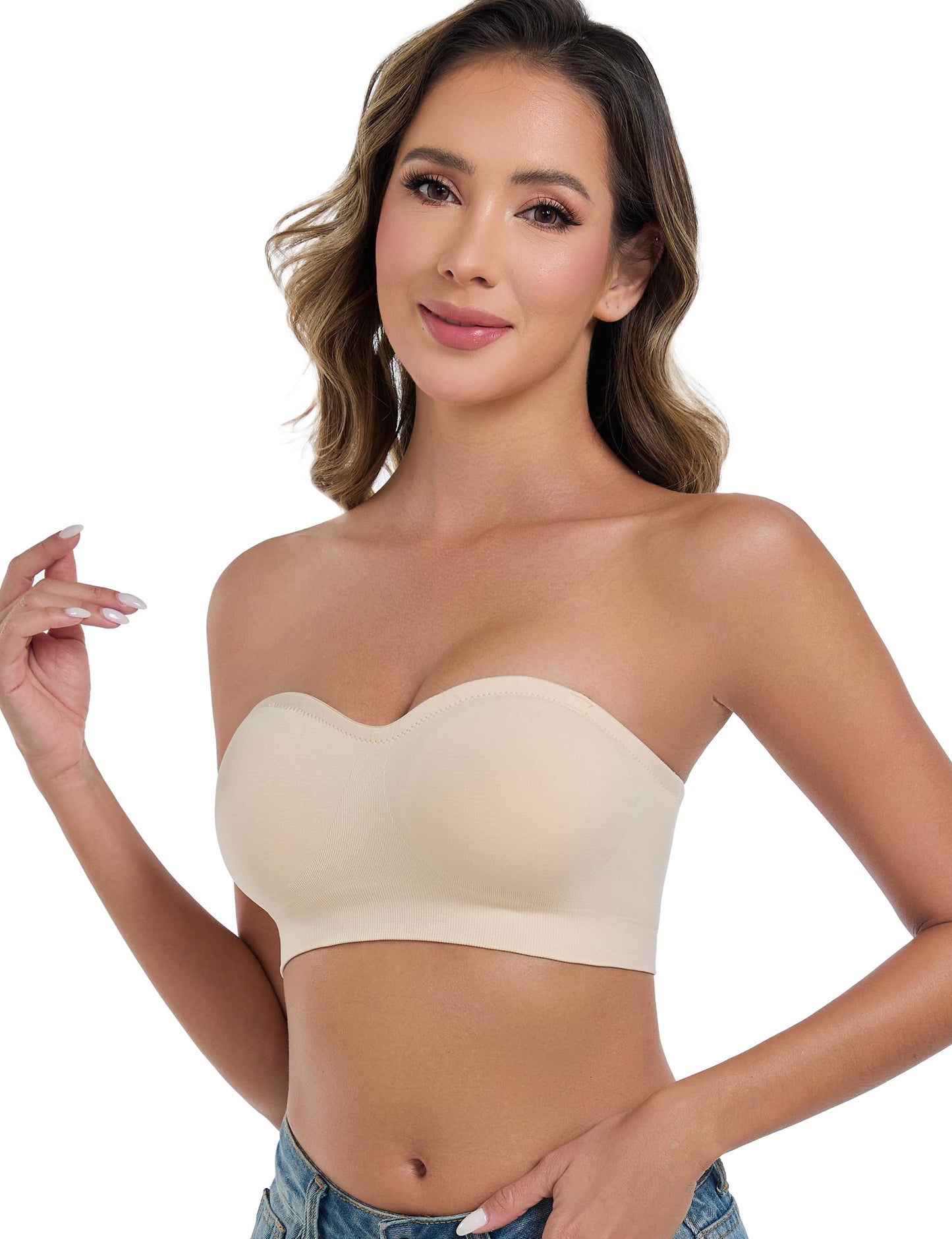 ANGOOL Strapless Bras for Women Wirefree Non-Slip Tube Top Invisible Bralette Seamless Padded Bandeau Bra, Beige, M