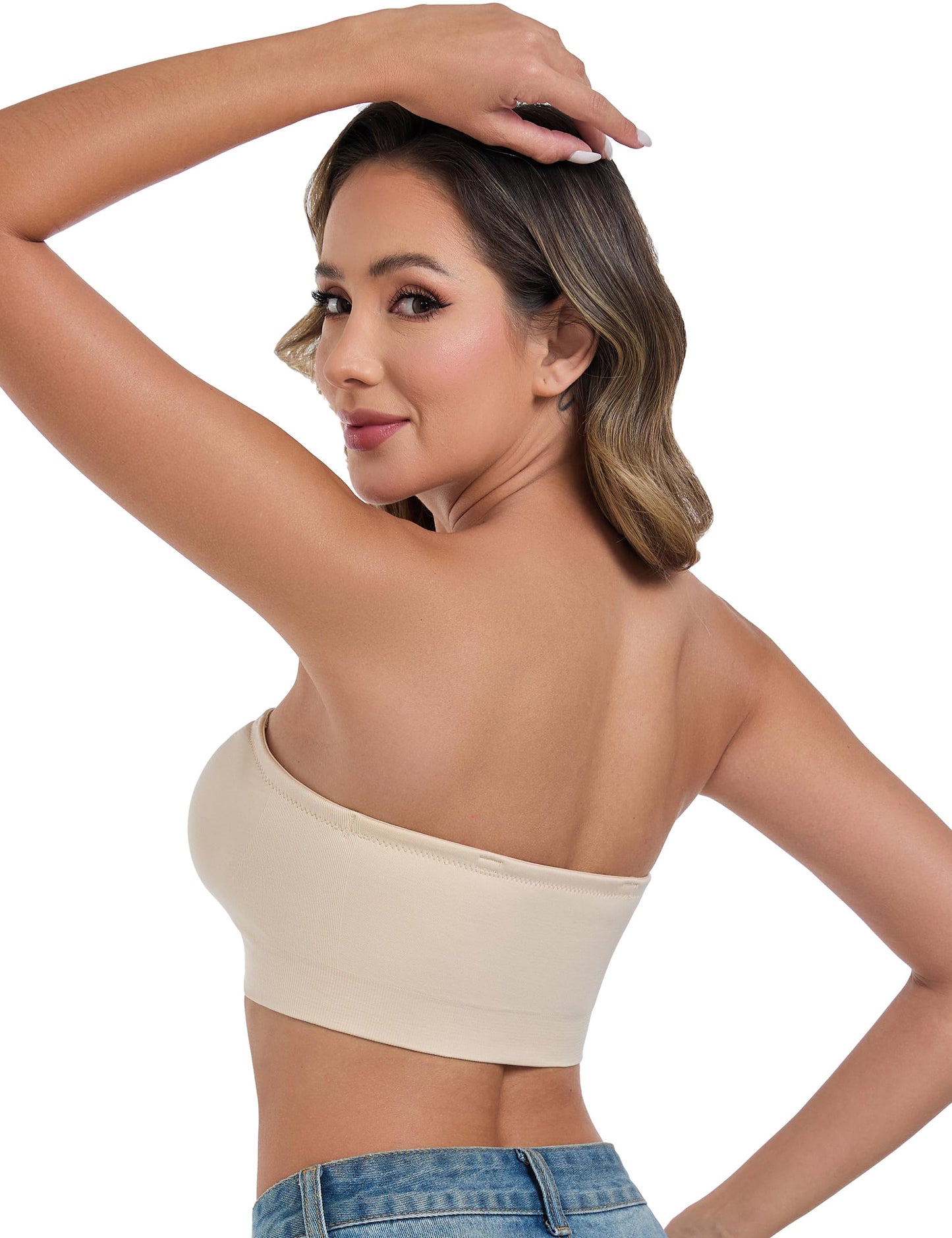 ANGOOL Strapless Bras for Women Wirefree Non-Slip Tube Top Invisible Bralette Seamless Padded Bandeau Bra, Beige, M