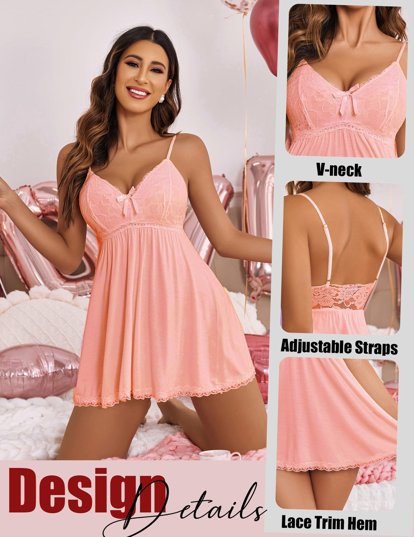 Avidlove Sexy Nightgowns for Women Soft Slip Chemise Nighties Lace Sleepwear(Pink,M)