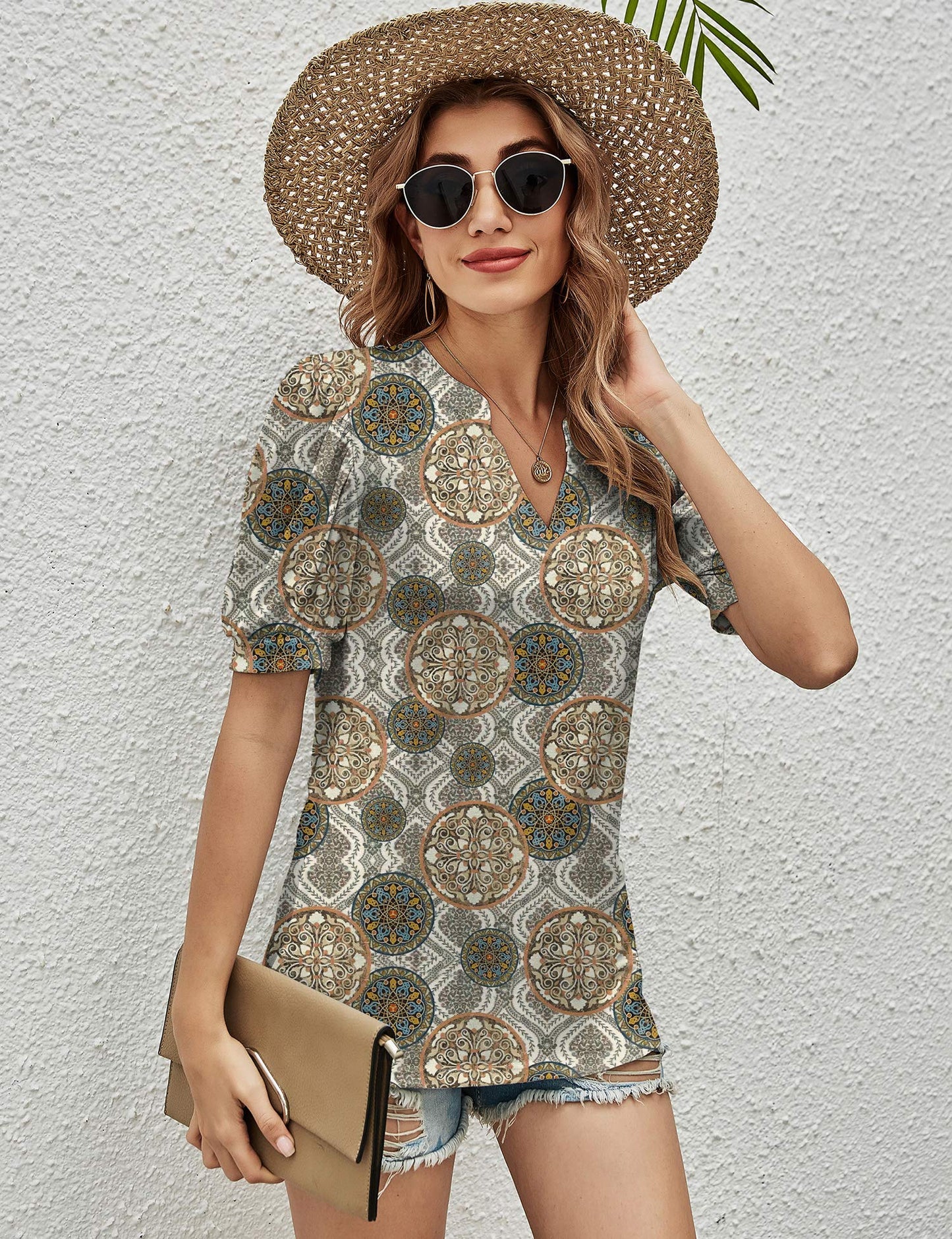 Romanstii Short Sleeve Graphic V-Neck Tee for Women,Khaki,S