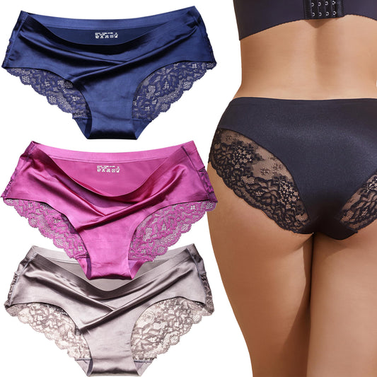 ITAYAX Sexy Lace Underwear for Women Frozen Silky Seamless Satin Full Panties with Silky Tactile Touch S-3XL (3 piece hipster panties)